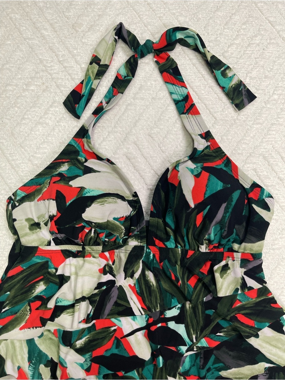 Aqua Green Black Tropical Print Swim Top with Green & Red - Picture 4 of 12